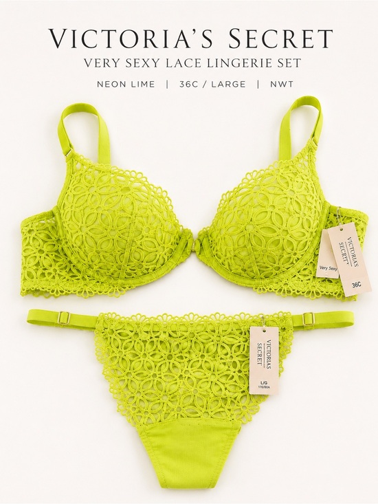 Victoria's Secret Other - Victoria’s Secret Very Sexy Neon Lace Lingerie Set 36C Large NWT